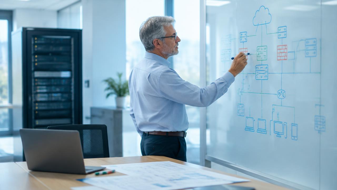 Senior consultant drawing a network and cloud architecture on a glass board beside a server rack, with a project plan ticking through survey, design, installation and handover