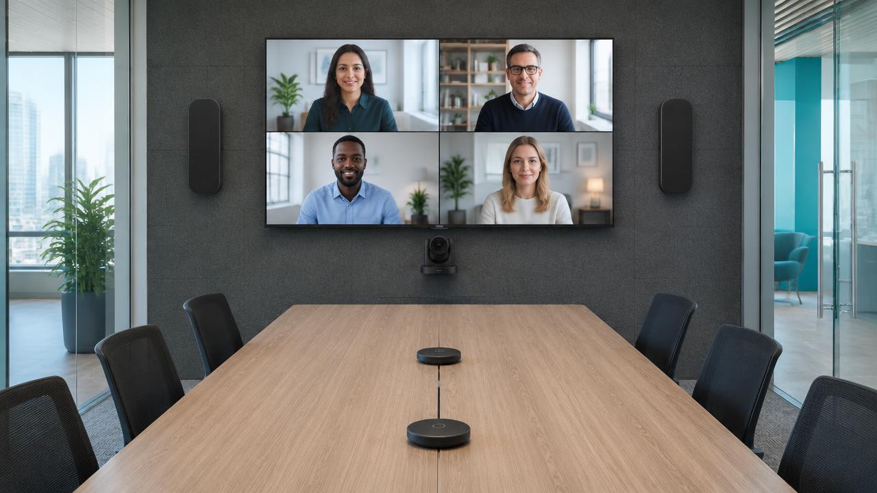 Rally Plus-style PTZ camera, speakers and microphone pods with a 75-inch meeting-room TV showing a video conference